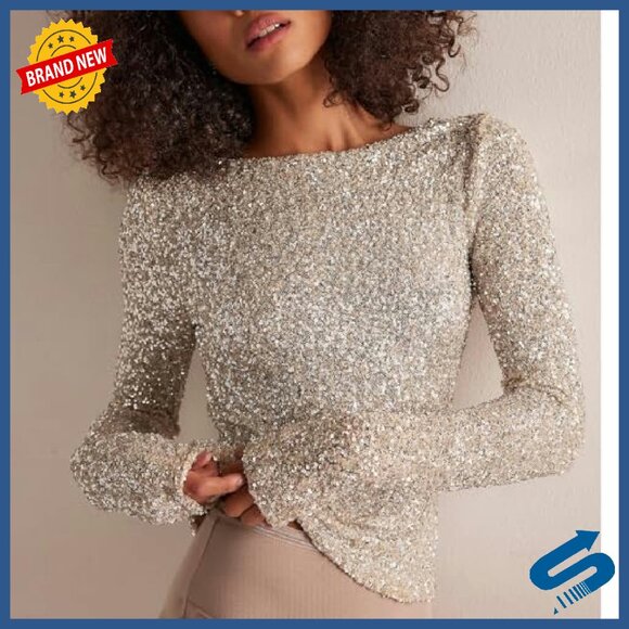 Long Sleeve Sequin Crop Top Back Cowl Neck Sparkly Party Top - Picture 3 of 6